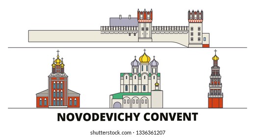 Russia, Moscow, Novodevichy Convent flat landmarks vector illustration. Russia, Moscow, Novodevichy Convent line city with famous travel sights, skyline, design. 
