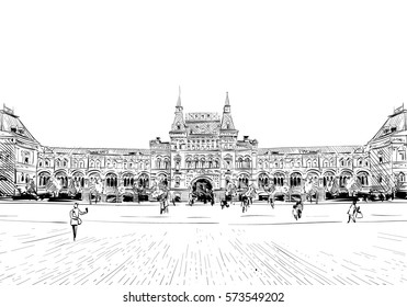 Russia. Moscow. Red Square. GUM Shopping Center. Hand Drawn Vector Illustration.