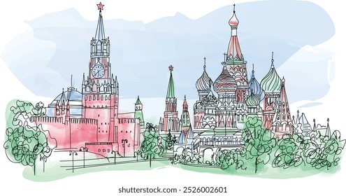 Rusia - Moscú en cuadrado rojo con el Kremlin y la Catedral de San Basilio - ilustración de Vector