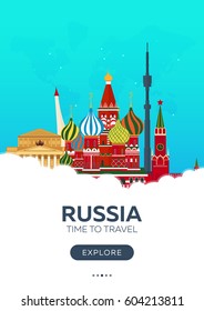 Russia. Moscow. Time to travel. Travel poster Vector flat illustration