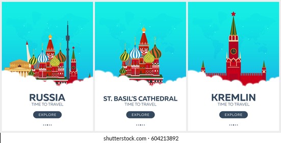 Russia. Moscow. Time to travel. Set of Travel posters. Vector flat illustration