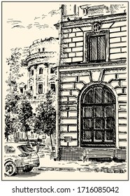 Russia. Moscow. Urban view of the city street with buildings, trees and cars. Summer day black and white hand drawing with pen and ink. Sketch style.