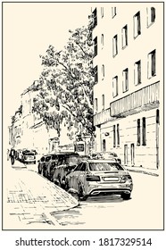 Russia. Moscow. Urban view of the city street with buildings and cars. Summer day black and white hand drawing with pen and ink. Sketch style.