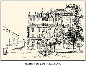 Russia. Moscow. Urban view of the city street with buildings and trees. Summer day black and white hand drawing with pen and ink. Sketch style.
