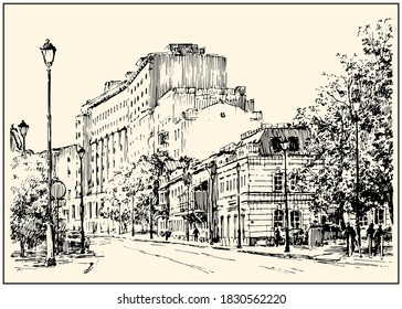 Russia. Moscow. Urban view of the city street with buildings and trees. Summer day black and white hand drawing with pen and ink. Sketch style.