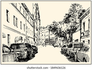 Russia. Moscow. Urban view of the city street with buildings trees and cars. Summer day black and white hand drawing with pen and ink. Sketch style.