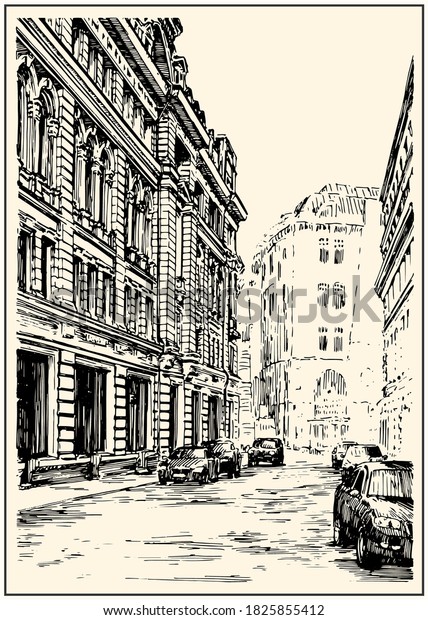 Russia. Moscow. Urban view of the city\
street with buildings, people and cars. Summer day black and white\
hand drawing with pen and ink. Sketch\
style.