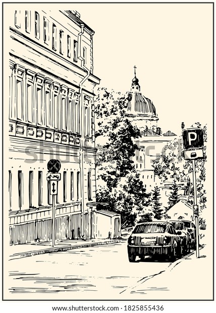 Russia. Moscow. Urban view of the city\
street with buildings trees and cars. Summer day black and white\
hand drawing with pen and ink. Sketch\
style.
