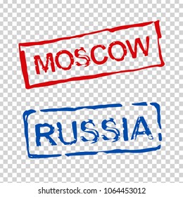 Russia and Moscow watermark stamps. Grunge lettering inside rectangles. Rubber seal stamp with aged texture. Vector illustration isolated on a transparent background.