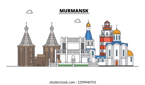 Russia, Murmansk. City skyline: architecture, buildings, streets, silhouette, landscape, panorama. Flat line, vector illustration. Russia, Murmansk outline design.