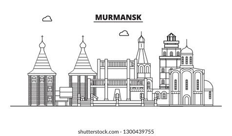 Russia, Murmansk. City skyline: architecture, buildings, streets, silhouette, landscape, panorama, landmarks. Editable strokes. Flat design, line vector illustration concept. Isolated icons