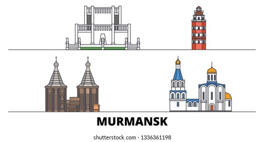 Russia, Murmansk flat landmarks vector illustration. Russia, Murmansk line city with famous travel sights, skyline, design. 