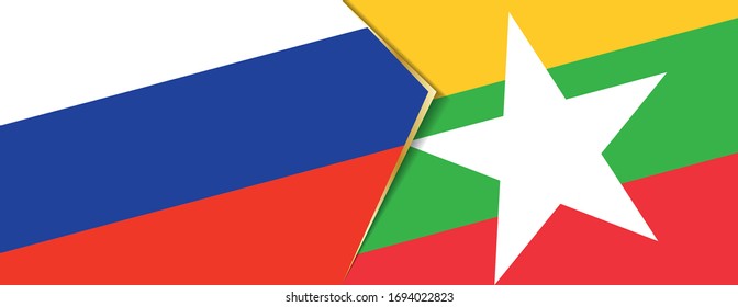 Russia and Myanmar flags, two vector flags symbol of relationship or confrontation.