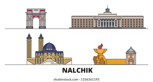 Russia, Nalchik flat landmarks vector illustration. Russia, Nalchik line city with famous travel sights, skyline, design. 