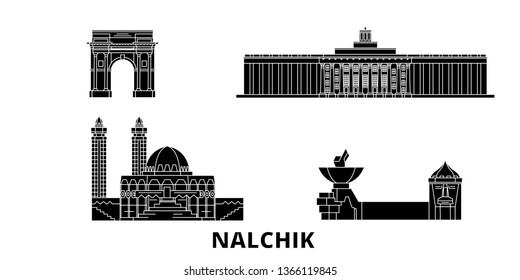 Russia, Nalchik flat travel skyline set. Russia, Nalchik black city vector illustration, symbol, travel sights, landmarks.