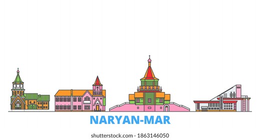 Russia, Naryan Mar line cityscape, flat vector. Travel city landmarks, outline illustrations, line world icons
