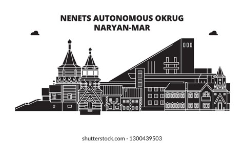 Russia, Naryan-Mar . City skyline: architecture, buildings, streets, silhouette, landscape, panorama. Flat line, vector illustration.