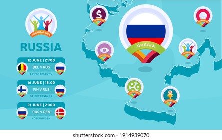 russia natioanal team matches on Isometric map vector illustration. Football 2020 tournament final stage infographic and country info. Official championship colors and style