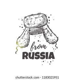 From Russia. National concept design. Ear flap. Hand drawn vector illustration with elements of culture and food. Can be used for souvenir shop, sticker, label, badge, emblem, logo, card.