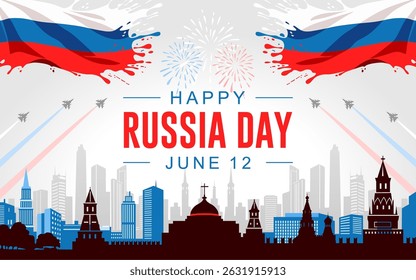 Russia national day banner for greeting card. Vector illustration with Russian Flag in paint splash, silhouettes of fighter jets, old buildings and skylines. Russian Independence Day.