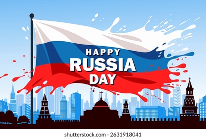 Russia national day banner for greeting card. Vector illustration with Russian Flag in paint splash, silhouette of old buildings and skylines. Russian Independence Day.
