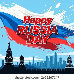 Russia national day banner for greeting card. Vector illustration with Russian Flag in paint splash, silhouette of old buildings and skylines. Russian Independence Day.