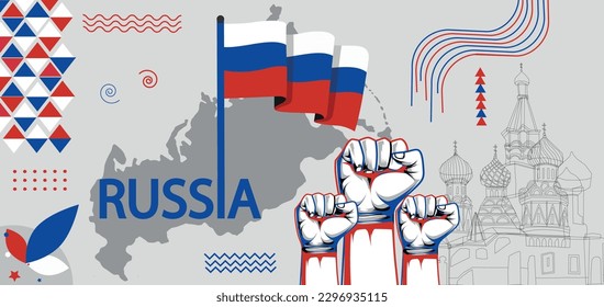 Día nacional de Rusia o diseño de pancartas para un aniversario. Resumen del fondo geométrico retro del país ruso. Bandera rusa de color azul rojo blanco con mapa y puntos de referencia de Moscú. Vector