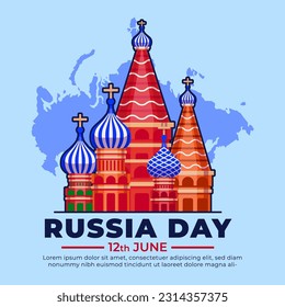Russia National Day. Russia landmark with Russian map on background and greeting text Russia Day on 12 June