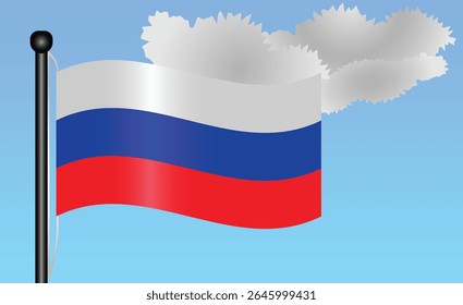 Russia national flag waving against a bright blue sky. representing national pride, unity, and heritage in Europe with its vibrant colors and iconic design. Patriotic symbol of identity or pride