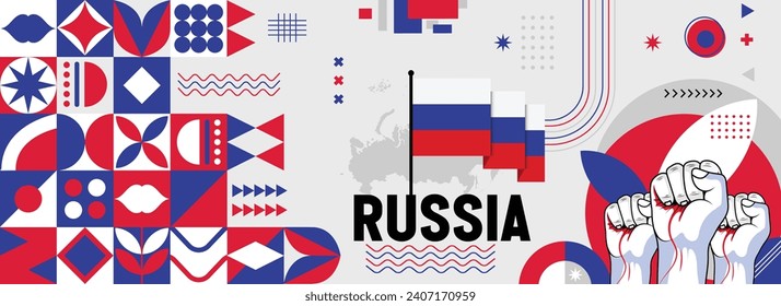 Banner del Día de la Independencia de Rusia para la celebración del país. Bandera y mapa del ruso con puños elevados. Diseño retro moderno con iconos geométricos abstractos de tiporgafía. Ilustración del vector	