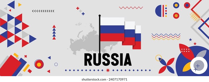 Russia national or independence day banner for country celebration. Flag and map of Russian with raised fists. Modern retro design with typorgaphy abstract geometric icons. Vector illustration.