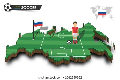 Russia national soccer team . Football player and flag on 3d design country map . isolated background . Vector for international world championship tournament 2018 concept .