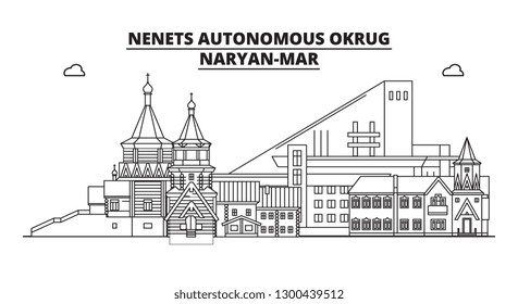 Russia, Nenets Autonomous Okrug, Naryan-Mar . City skyline: architecture, buildings, streets, silhouette, landscape, panorama, landmarks. Flat design, line vector illustration concept. Isolated icons