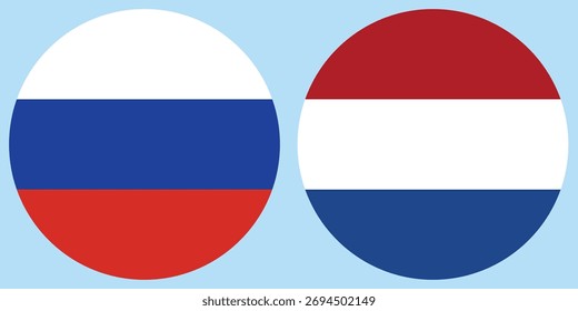 Russia and Netherland circular flag vector with light blue background 