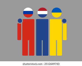 Russia, Netherlands, and Ukraine National Flags With Embracing Body. Vector Illustration. Isolated background.