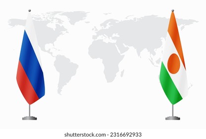 Russia and Niger flags for official meeting against background of world map.