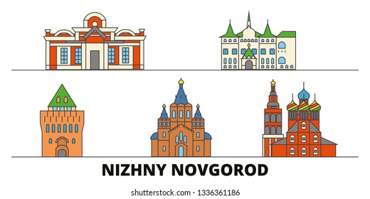 Russia, Nizhny Novgorod flat landmarks vector illustration. Russia, Nizhny Novgorod line city with famous travel sights, skyline, design. 