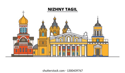 Russia, Nizhny Tagil. City skyline: architecture, buildings, streets, silhouette, landscape, panorama. Flat line, vector illustration.