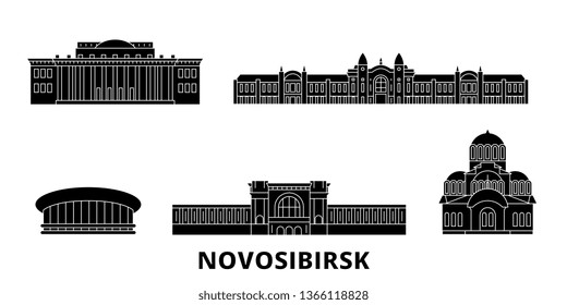 Russia, Novosibirsk flat travel skyline set. Russia, Novosibirsk black city vector illustration, symbol, travel sights, landmarks.