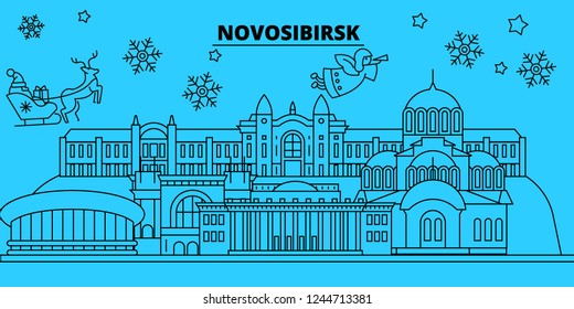 Russia, Novosibirsk winter holidays skyline. Merry Christmas, Happy New Year decorated banner with Santa Claus.Russia, Novosibirsk linear christmas city vector flat illustration