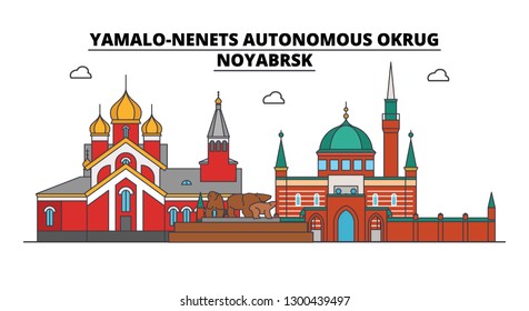 Russia, Noyabrsk . City skyline: architecture, buildings, streets, silhouette, landscape, panorama. Flat line, vector illustration.