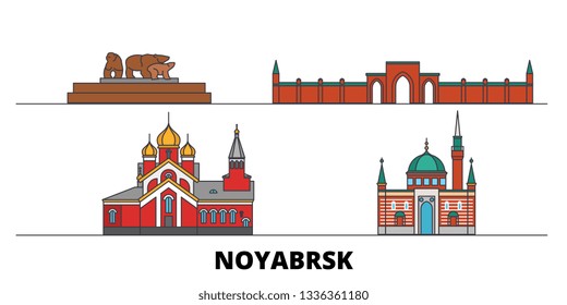 Russia, Noyabrsk  flat landmarks vector illustration. Russia, Noyabrsk  line city with famous travel sights, skyline, design. 