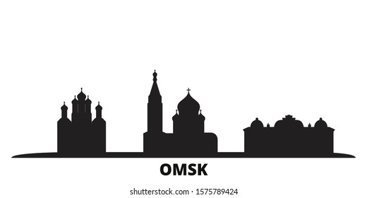 Russia, Omsk city skyline isolated vector illustration. Russia, Omsk travel black cityscape