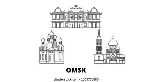 Russia, Omsk line travel skyline set. Russia, Omsk outline city vector illustration, symbol, travel sights, landmarks.