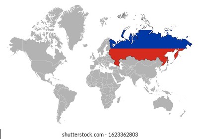 Russia on detailed world map. With overlay Russia flag. The location of the country of Russia on the world map.