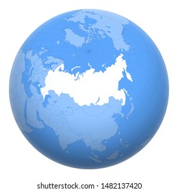 Russia on the globe. Earth centered at the location of the Russian Federation. Map of Russia. Includes layer with capital cities.