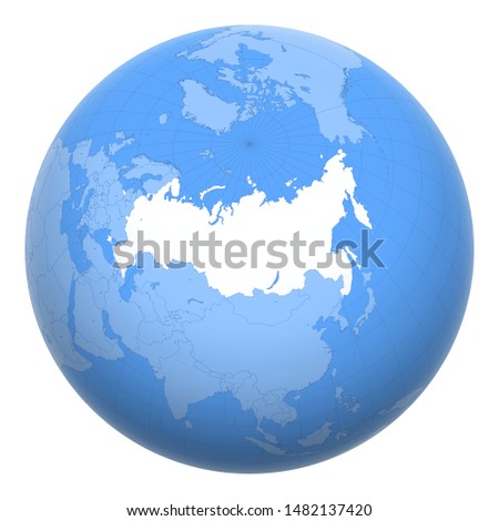 Russia on the globe. Earth centered at the location of the Russian Federation. Map of Russia. Includes layer with capital cities.