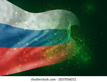 Russia, on vector 3d flag on green background with polygons and data numbers