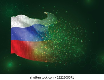 Russia, on vector 3d flag on green background with polygons and data numbers