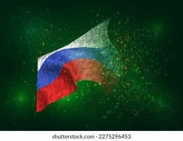 Russia, on vector 3d flag on green background with polygons and data numbers